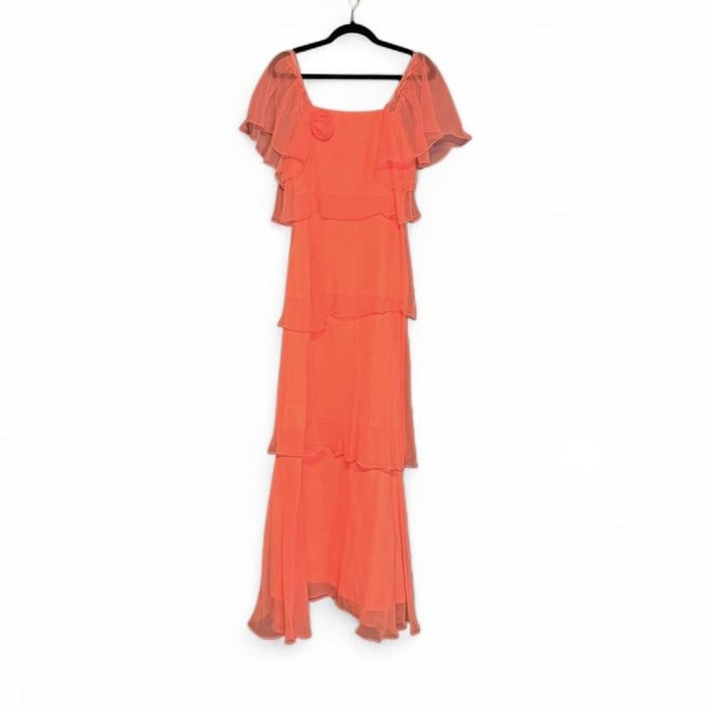 True Vintage 1970s Tiered Gown Women's Size XS‎ Coral Orange Sheer Rose Retro